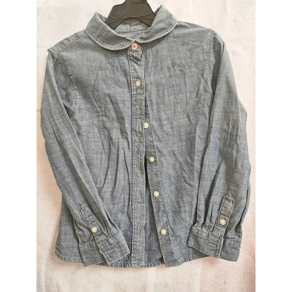 Lands End Kids Blue Chambray Peter Pan Collar Button Down Shirt Girl 1117 sz 6